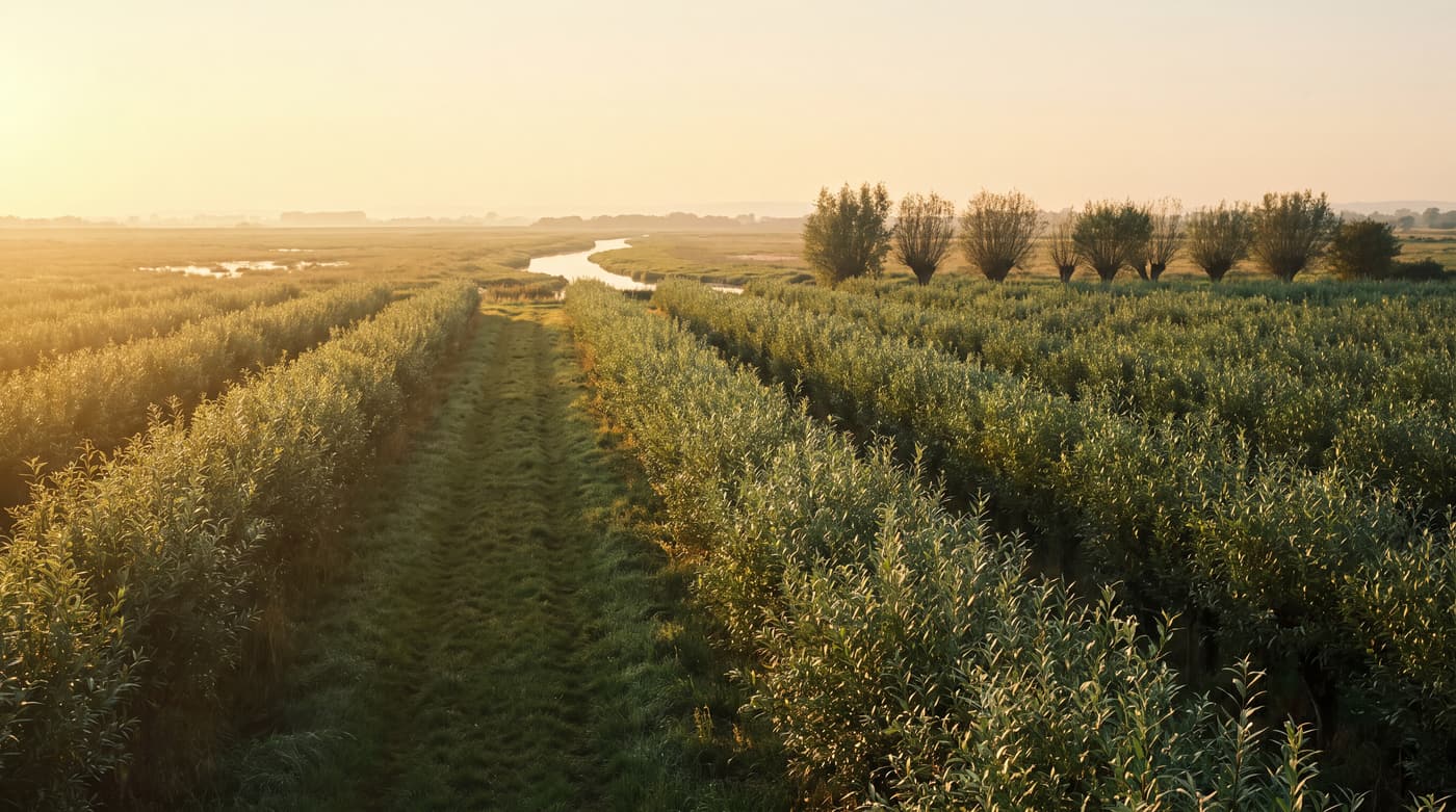 Long rows of willow growing in the English countryside at sunset, a track running between them
