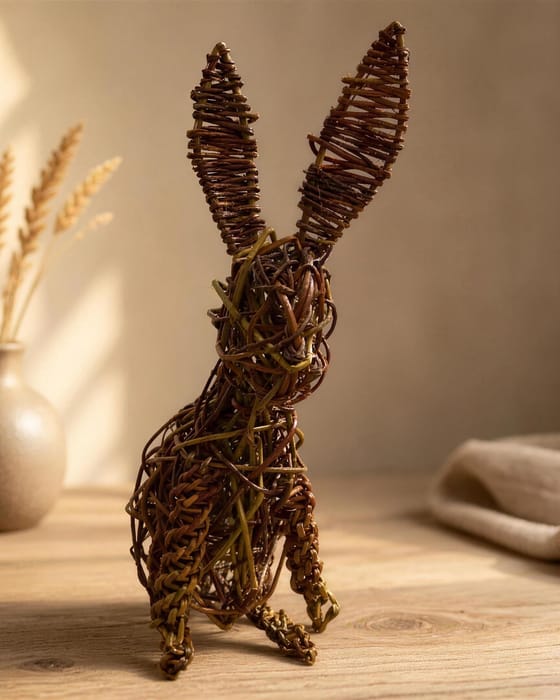 A standing willow hare with tall woven ears beside a vase of dried grasses