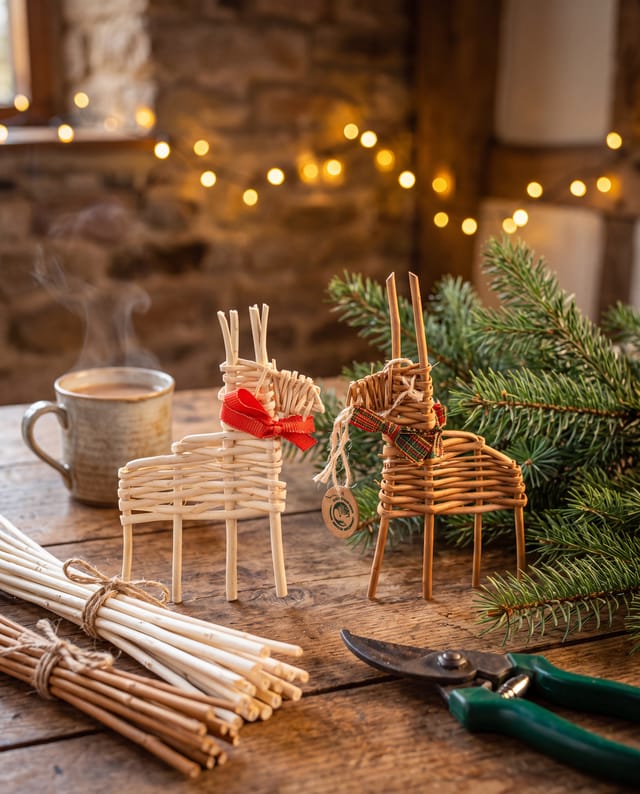 Two willow reindeer decorations, one in white willow and one in buff, beside a fir branch and bundles of willow