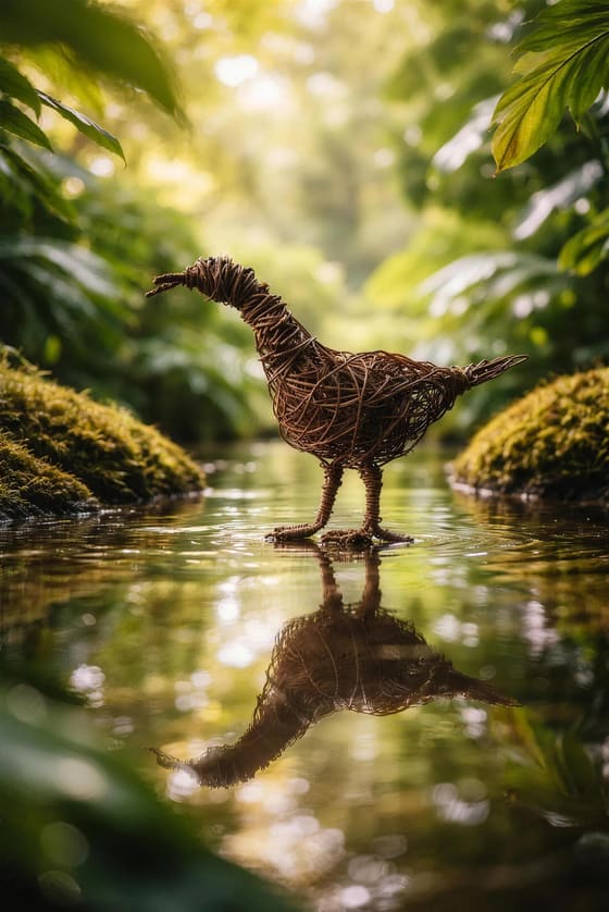 A willow bird standing in a shallow woodland stream, reflected in the water