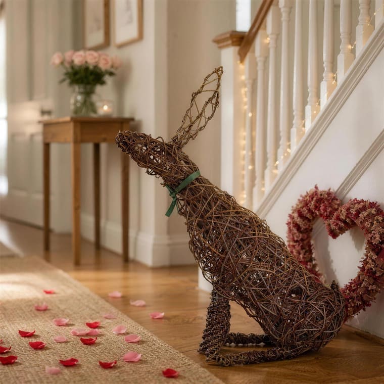 A willow moon gazing hare in a hallway, its head tipped back and a green ribbon at its neck