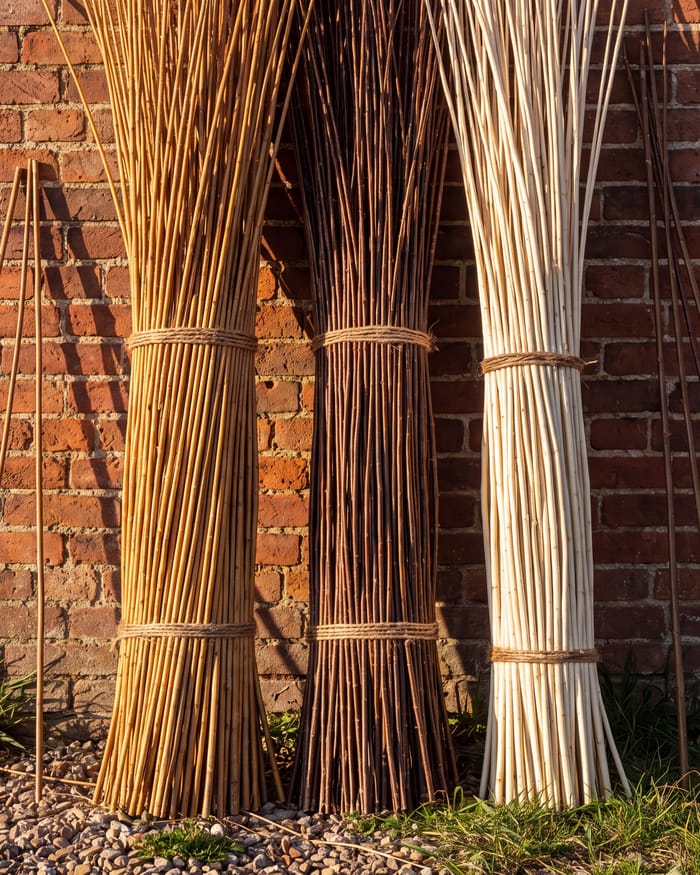 Bundles of buff, brown and white willow rods leaning against an old brick wall in evening sun