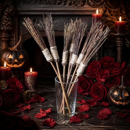 Mini willow brooms standing in a glass among red roses and carved pumpkins