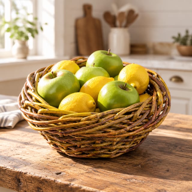 A round open-weave willow basket filled with green apples and lemons on a wooden kitchen table