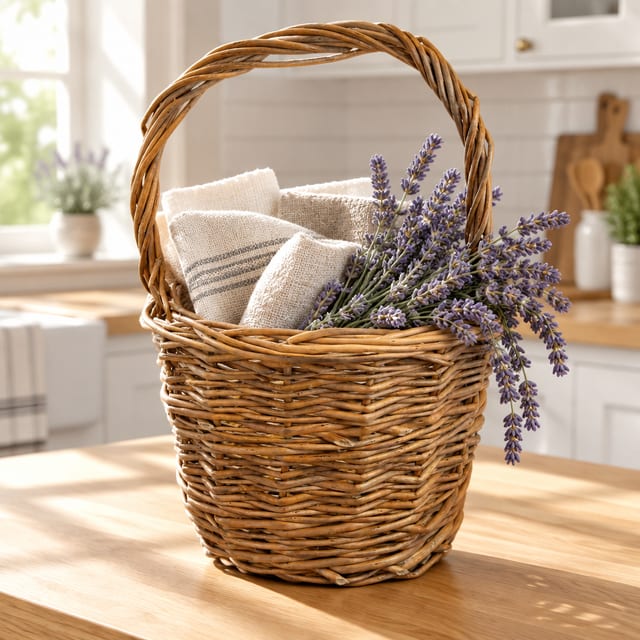 A tall willow basket with a looped handle holding folded tea towels and lavender on a kitchen table