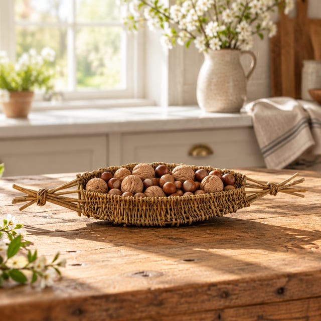 A long willow basket with rod handles, filled with walnuts and hazelnuts