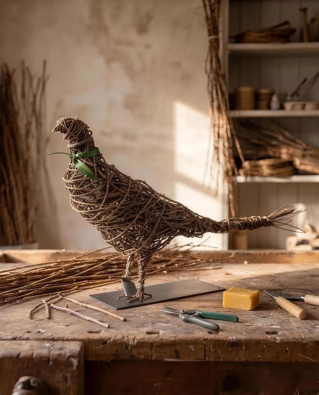 A willow pheasant on a workbench among willow rods, secateurs and beeswax