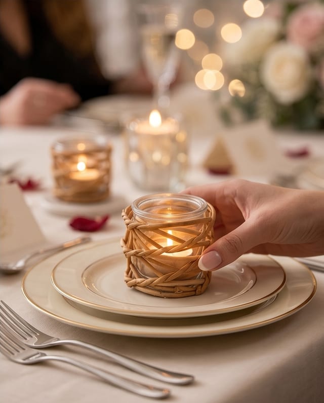 A willow votive on a dinner plate at a celebration table set with candles