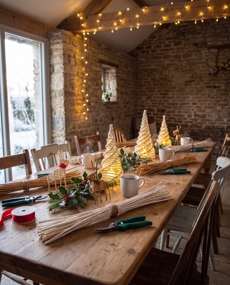 A farmhouse table in a barn laid out with willow bundles, secateurs, mugs and glowing willow Christmas trees